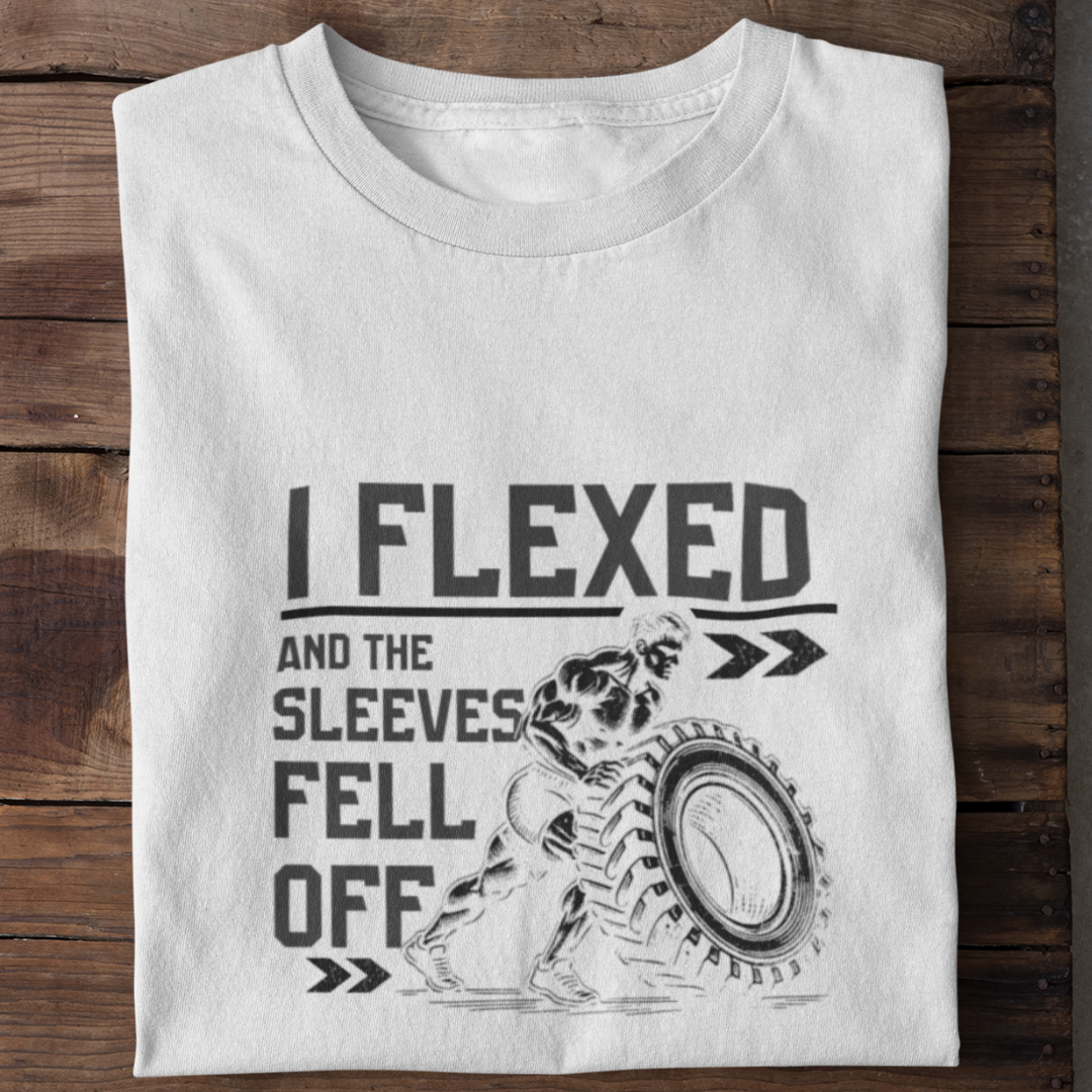 I flexed and sleeves fell off White T-shirt